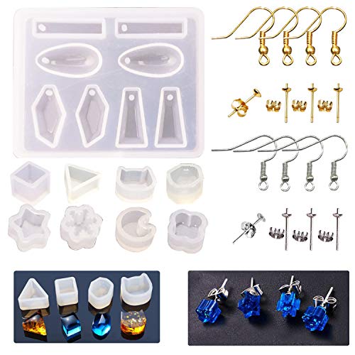 Product Cover 36 PCS Stud Earring Mold Tool Included 9 PCS Silicone Resin Mould, 20 PCS Stud Earring and 8 PCS Ear Hook, Woohome Casting Moulds Clear Tiny Ear for DIY Jewelry Craft Making