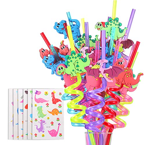 Product Cover FZR Legend Reusable Dinosaur Drinking Plastic Straws + Dinosaur Temporary Tattoos for Kids | Dinosaur Birthday Party Supplies - Rainbow Dinosaur Party Favors Decorations - Set of 30 with Cleaning Brush
