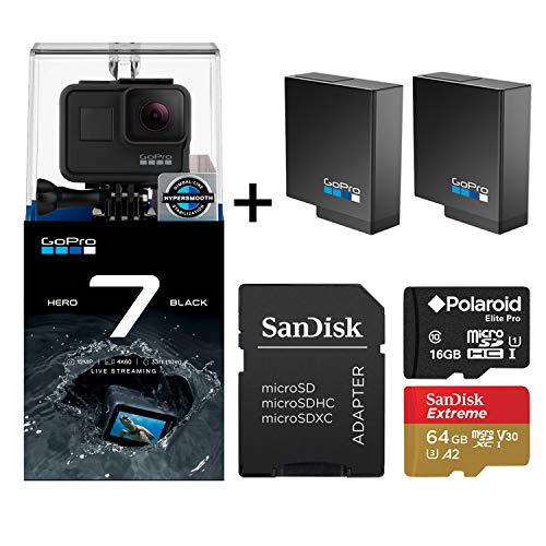 Product Cover GoPro Hero 7 Black Edition with Two Extra GoPro USA Batteries + Sandisk Extreme 64GB MicroSD + Free Polaroid 16GB MicroSD (80GB Total)