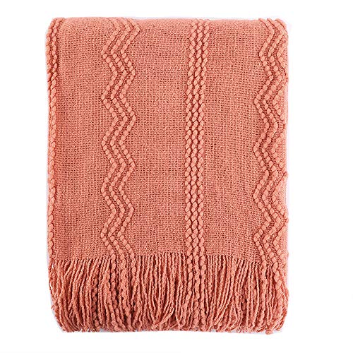 Product Cover Battilo 100% Acrylic Knit Throw Classic Knitted Throw Blankets for Couch Chair Sofa, 50 x 60 Inch, Soft Warm Lightweight (Salmon)