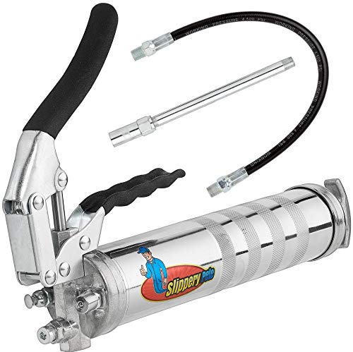 Product Cover Slippery Pete Pistol Grip Grease Gun Cranks up to 6000 PSI-Lubricate Tractors, RV's, Cars, PTO Shafts, Steering Cylinder, Universal Joints, Suspension Tie Rods, Ball Joints, Chassis and Drive Shafts