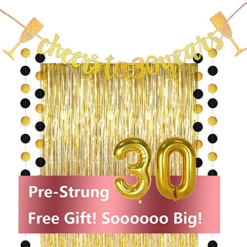 Product Cover Cheers to 30 Years Banner, 30th Birthday Decorations for Women and Men, Gold Glitter Banner with Free 3.2 ft x 9.8 ft Metallic Tinsel Foil Fringe Curtains, Best Choice for Birthday Party Supplies