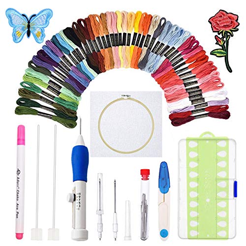 Product Cover [Upgraded]Punch Needle Embroidery Kit,Magic Embroidery Pen Punch Needle Set with Cloth,50 Colors Threads&Embroidery Tools