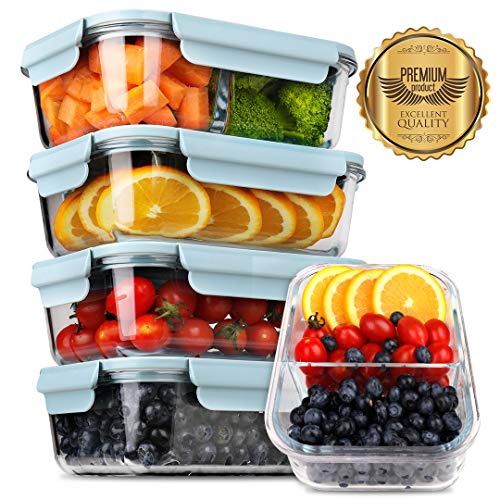 Product Cover [5-Pack] 2019 Upgrade Kit Glass Meal Prep Containers, DEKINMAX Large Glass Food Storage Containers with Lids, Airtight Glass Bento Boxes, BPA Free & FDA Approved & Leak Proof