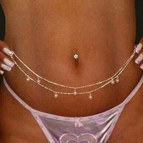 Product Cover Asooll Beach Bikini Belly Waist Chain Silver Pearl Belt Body Chain for Women and Girls
