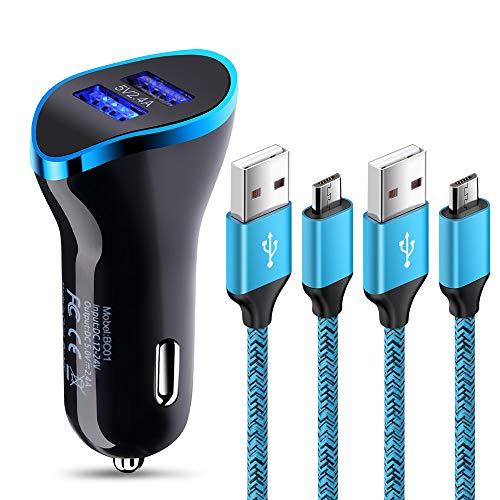 Product Cover Micro USB Car Charger, Rapid Car Charger Dual USB Adapter Plug with Android Cell Phone Charger Cable Compatible for Samsung Galaxy S7 S6 J7 Edge Note 5,Kindle Fire 7 8 10,LG Stylo 2/3/k8 k20 Plus