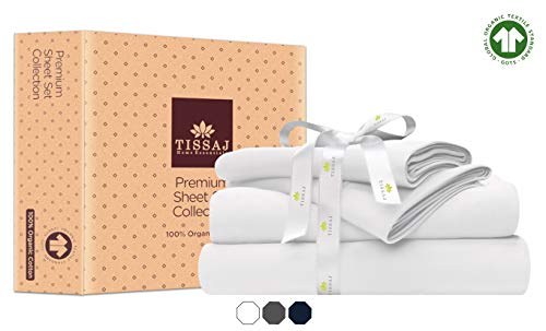 Product Cover Tissaj Queen Size Bed Sheets Set - Ultra White Color - 100% GOTS Certified Organic Cotton - 300 TC Thread Count - 4 Piece Bedding - 2 Pillow Cases, Flat Sheet & Fitted Sheet with 16 Inch Deep Pocket