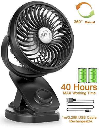 Product Cover Stroller Fans Mini USB Desk Clip Fan,YXwin 2019 Newest Table Fan 40 Hours(Max Working Time) 360° Rotation 4400mah Battery 4 Speed Quiet Fan for Outdoor/Indoor Baby Car Travel Office Camping Library