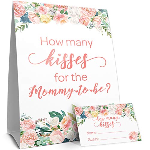 Product Cover How Many Kisses Baby Shower Game - Floral - Standing Sign and 30 Guess Cards