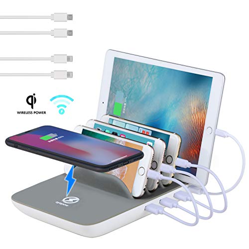 Product Cover Fast Charging Station, Compatible for Samsung, iPhone, ipad TopTops 5-in-1 Multiple Phone Dock Stand with 4 USB Ports and 1 QI Wireless Charging Pad with 4 Cables(Grey)