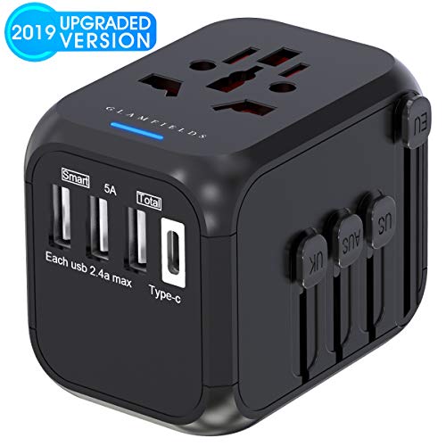 Product Cover Glamfields travel adapter worldwide all in one international power adapter fast wall Charging cover 200+ countries 100V-250V (EU UK USA AU Plug) (3USB+1Type C) (1500W/6A)