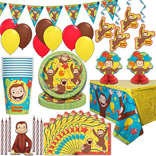 Product Cover Curious George Party Supplies, Serves 16 - Plates, Napkins, Tablecloths, Cups, Balloons, Hanging Decorations, Centerpieces, Flag Banner, Candles, Cake Topper - Full Tableware set for birthday parties and more