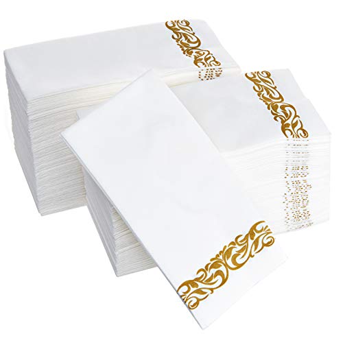 Product Cover Disposable Hand Towels Napkins | Guest | Bathroom | Wedding | Soft and Absorbent Linen-Feel Paper | 100 Count | White with Gold Design - by Aya's Cutlery Kingdom