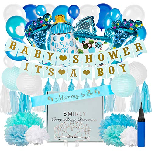 Product Cover Baby Shower Decorations for Boy Kit: Blue, White, and Champagne Gold Party Decor - Its A Boy Banner, Balloons, Tissue Paper Pom Poms and Hanging Lantern Decoration Bundle - Includes Sash and Tiara