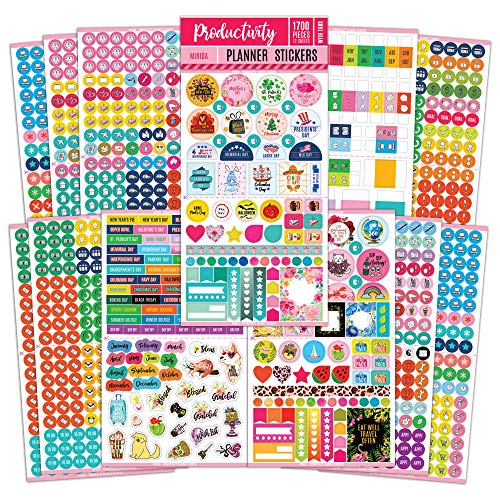 Product Cover Mirida Planner Stickers - 1700 Productivity Mini Icons for Adults Calendar - Work, Daily to Do, Budget, Family, Holidays, Journaling - Variety Pack with Monthly Tabs