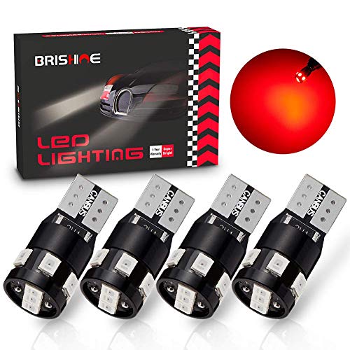 Product Cover BRISHINE 300LM Extremely Bright Canbus Error Free 194 168 2825 W5W T10 LED Bulbs Brilliant Red 9-SMD 2835 Chipsets for Map Dome Rear Side Marker Lights, Tail Center High Mount Stop Lights (Pack of 4)