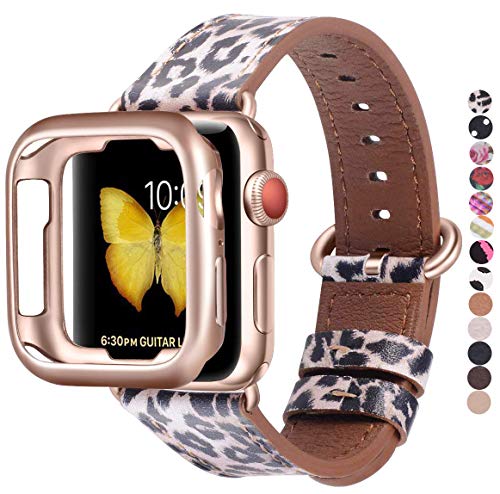 Product Cover JSGJMY Compatible with Apple Watch Band 38mm 40mm with Case,Women Genuine Leather with Rose Gold Adapter and Buckle(The Same Color as Series 5/4/3 Gold Aluminum) for iwatch Series 5/4/3/2/1, Leopard