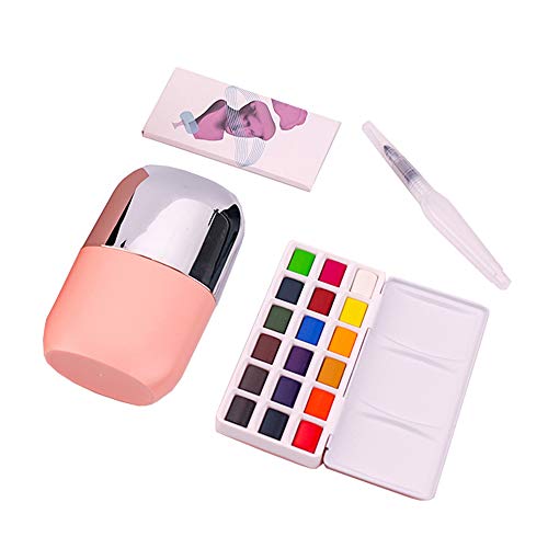Product Cover MIYA Solid Water Colors Palette - 18 Assorted Colors with Paint Brush Watercolor Paper Portable Travel for Beginners Artists Students Kids (Pink)