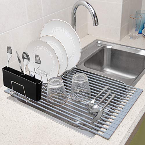 Product Cover SANNO Over The Sink Multipurpose Roll-Up Dish Drying Rack,Dishes Drying Holder Stainless Steel Sink Drainer, Heat Resistant Mat with Lid Organizer,Black Utensil Silverware Storager