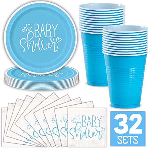 Product Cover Boy Baby Shower Party Supplies for 32 Guests (Blue) Includes: Paper Plates, Luncheon Napkins, 16 oz Cups, Classy and Stylish Light Blue Design