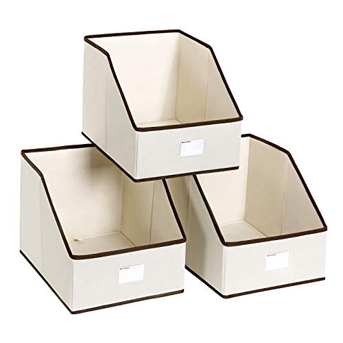 Product Cover SONGMICS 3-Pack Open Storage Bins, Foldable Trapezoid Storage Cubes, Non-Woven Cloth Organizers, with Label Holders, for T-Shirts, Sweaters, Beige UROB03M