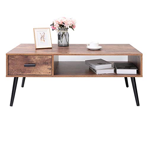 Product Cover IWELL Mid-Century Coffee Table with 1 Drawer and Storage Shelf for Living Room, Cocktail Table, TV Table, Rectangular Sofa Table, Office Table, Solid Elegant Functional Table, Easy Assembly CFZ004F