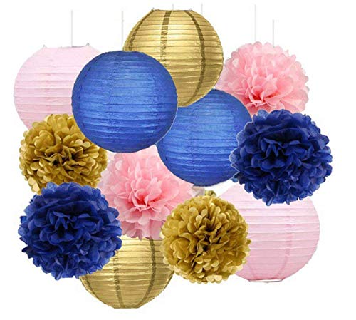 Product Cover Navy Gold Pink Bridal Shower Decorations Furuix Navy Gold Pink Tissue Paper Pom Pom Paper Lanterns Navy Blue Birthday Party Girls Baby Shower |Mom Birhtday|Graduation Party