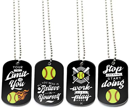 Product Cover (12-Pack) Softball Dog Tag Necklaces with Inspirational Quotes - Wholesale Bulk Pack of 1 Dozen Dog Tags for Softball Themed Party Favors Supplies - Unisex Gifts for Softball Team Boys Girls Men Women