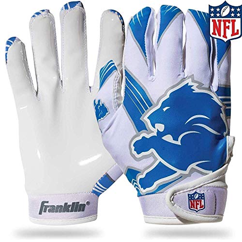 Product Cover Franklin Sports Detroit Lions Youth NFL Football Receiver Gloves - Receiver Gloves for Kids - NFL Team Logos and Silicone Palm - Youth S/XS Pair