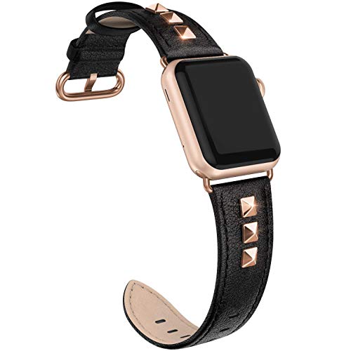 Product Cover SWEES Genuine Leather Band Compatible for Apple Watch 38mm 40mm, Dressy Designer Bling Rivets Studs Bands Strap Compatible for iWatch Series 5, 4, 3, 2, 1, Sports & Edition Women, Black