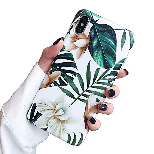 Product Cover ooooops iPhone Xs Max Case for Girls, Green Leaves with White & Brown Flowers Pattern Design, Slim Fit Clear Bumper Soft TPU Full-Body Protective Cover Case for iPhone Xs Max 6.5'' (Leaves & Flowers)
