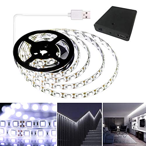 Product Cover QIWOO Battery Powered LED Strip Lights, Cool White USB LED Light Strip Kit with 6.6FT(2M),SMD5050,Super Bright LED Tape Light