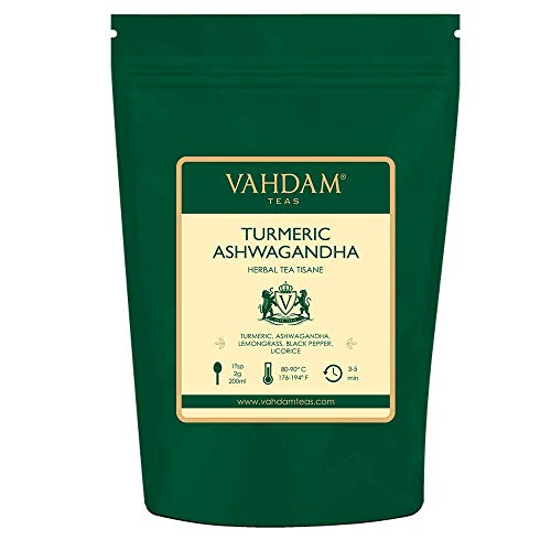 Product Cover VAHDAM, Turmeric + Ashwagandha (100 Cups) | India's SUPERFOOD | Ancient Medicine Blend of Turmeric & Garden Fresh Spices, ABUNDANT IN ANTI-OXIDANTS & PHYTO-NUTRIENTS | Herbal Tea | Detox Tea |7oz