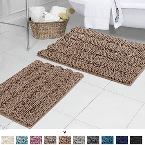 Product Cover Extra Absorbent Thick Striped Bathroom Rugs, Soft Fluffy Microfiber Shag Floor Mats for Living Room, Fast Dry Slip-Resistant Bath Mats (2 Pack, 20