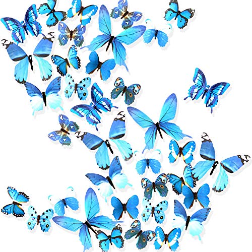 Product Cover Ewong Butterfly Wall Decals, 36PCS 3D Butterflies Home Decor for Room, Wall Sticker for Girls Room Kids Bedroom Bathroom Baby Nursery Decoration (Blue)
