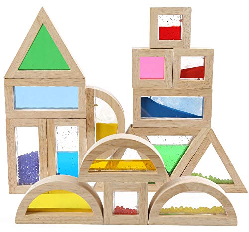 Product Cover Agirlgle Wooden Large Building Blocks for Toddlers Baby Kids 16 Pcs Geometry Sensory Wood Rainbow Stacking Blocks Construction Toys Set Colorful Preschool Learning Educational Toys for Boys Girls