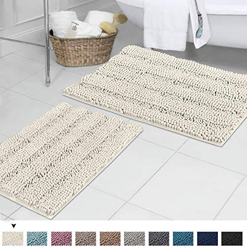 Product Cover Cream Chenille Plush Bathroom Rugs, Ultra Thick Striped Microfiber Floor Mats for Living Room, Soft Hand Tufted Bath Rugs with Non-Slip Backing (2 Pack, 20