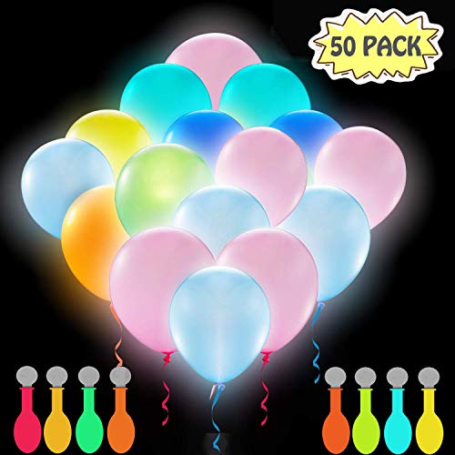Product Cover POKONBOY 50 Pack LED Light Up Balloons, Glow in the Dark Party Supplies LED Balloons Neon Party Supplies for Birthday Wedding Festival Christmas Decorations (Mixed Color)