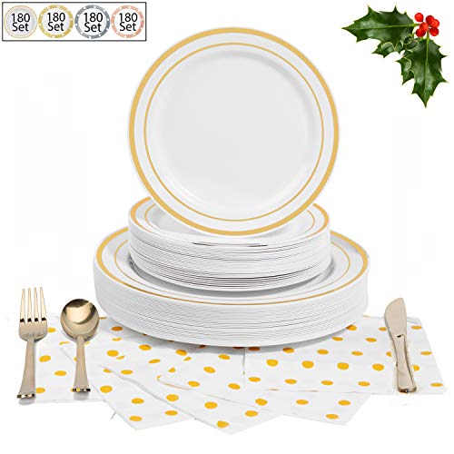 Product Cover 180 Pcs Serves 30, Gold Party Supplies Set | REUSABLE, ENOUGH FOR MULTIPLE SMALL PARTIES | Gold Trim Disposable Plastic Dinnerware | Includes Dinner Plates, Dessert Plates, Cutlery & 3-Ply Napkins
