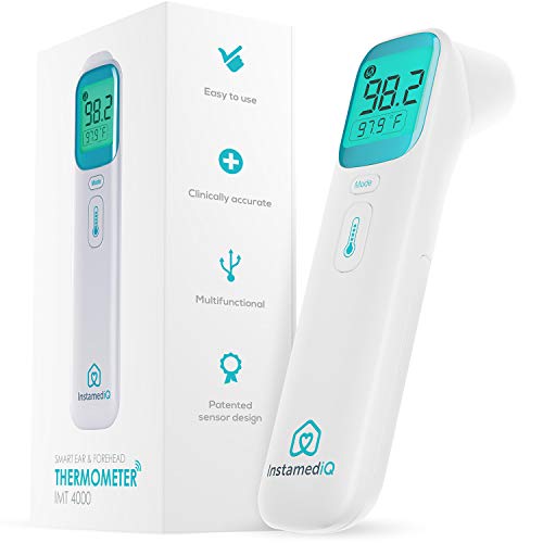 Product Cover InstamediQ [2020 Model] Best Baby Thermometer for Fever, Instant Accurate 4 in 1 Medical Digital Forehead and Ear Thermometer - FDA Approved Infrared Infant Thermometer for Kids, Toddlers, and Adults