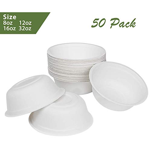 Product Cover ZenCo Bagasse Rice Bowl - 50 Pack 16oz White Disposable Natural Sugarcane Heat Resistant Eco Friendly Paper Alternative Bowls (50 Count, 16oz)