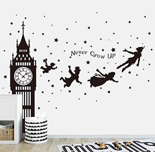 Product Cover Runtoo Peter Pan Wall Decals Big Ben Clock Never Grow Up Quotes Stars Wall Stickers Baby Nursery Room Kids Bedroom Wall Decor [Black]
