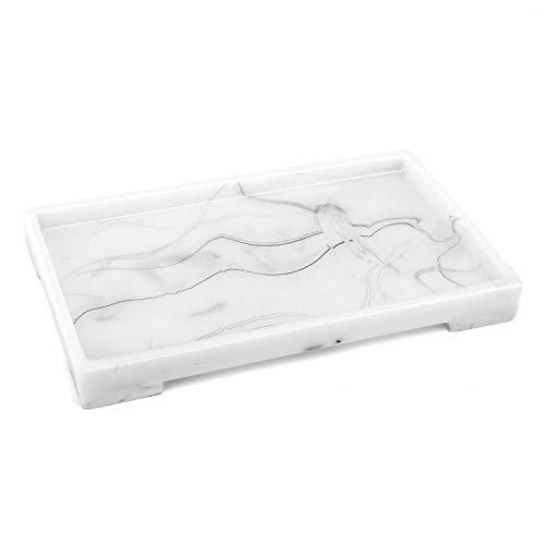 Product Cover Luxspire Vanity Tray, Toilet Tank Storage Tray, Resin Bathtub Tray Bathroom Tray Marble Pattern Tray, Vanity Organizer for Tissues, Candles, Soap, Towel, Plant, etc - Medium Size - White Marble