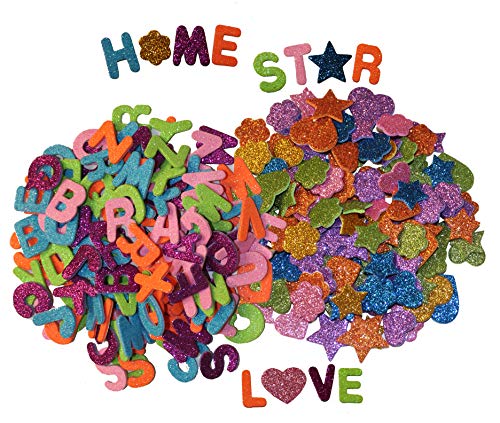 Product Cover Letters and Shapes Foam Glitter Stickers (Pack of 280) Self Adhesive - Assorted Colors Kid's Arts Craft Supplies for Greeting Cards Home Decoration - Hearts, Stars, Flowers | 130 Letters & 150 Shapes