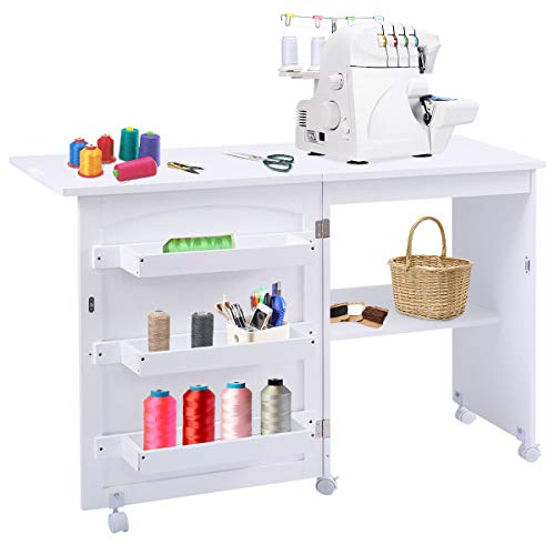 Product Cover Giantex Folding Sewing Craft Table, Sewing Craft Cart with Storage Shelves and Lockable Casters Folding Sewing Table for Apartment Small Spaces (White, 46