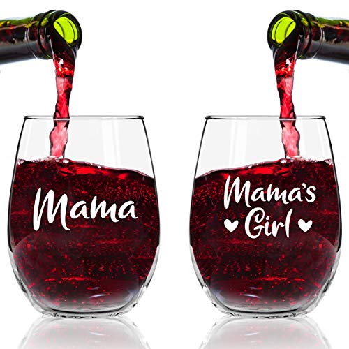Product Cover Mama Mamas Girl Wine Glasses (Set of 2) | Cute Wine Glasses Set for Mother Daughter Matching Gifts Idea | Great for Birthday, Mother's Day Gift for Mom From Daughter