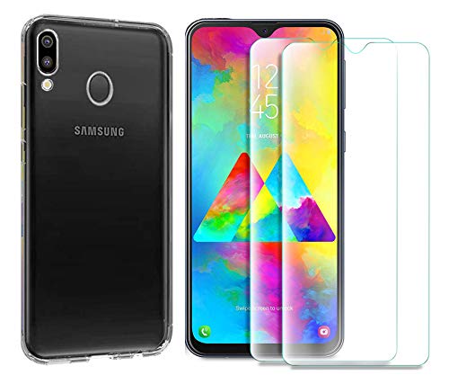 Product Cover MYLBOO Samsung Galaxy M20 Case with Screen Protector, [3 in 1] Transparent Soft TPU Case + [2 pc] 9H Tempered Glass Screen Protector for Samsung Galaxy M20 (Transparent)