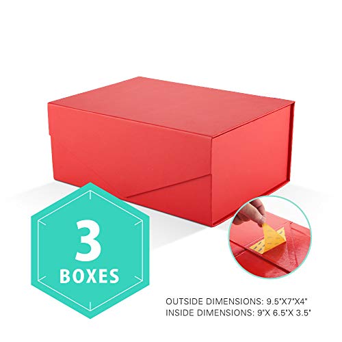 Product Cover PACKHOME Gift Boxes Rectangular 9.5x7x4 Inches, Rectangle Collapsible Boxes with Magnetic Lids for Gift Packaging (Matte Red with Embossing, 3 Boxes）