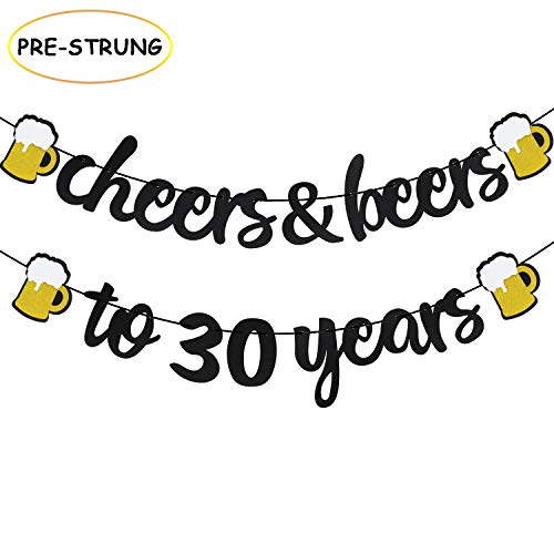 Product Cover Joymee Cheers & Beers to 30 Years Black Glitter Banner for 30th Birthday Wedding Aniversary Party Supplies Decorations - PRESTRUNG (Cheers & Beers to 30th Years)