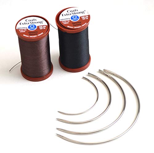 Product Cover Extra Strong Upholstery Repair Sewing Thread Kit Coats and Clark - Heavy Duty Curved Needles, 1 Black Spool, 1 Brown Spool